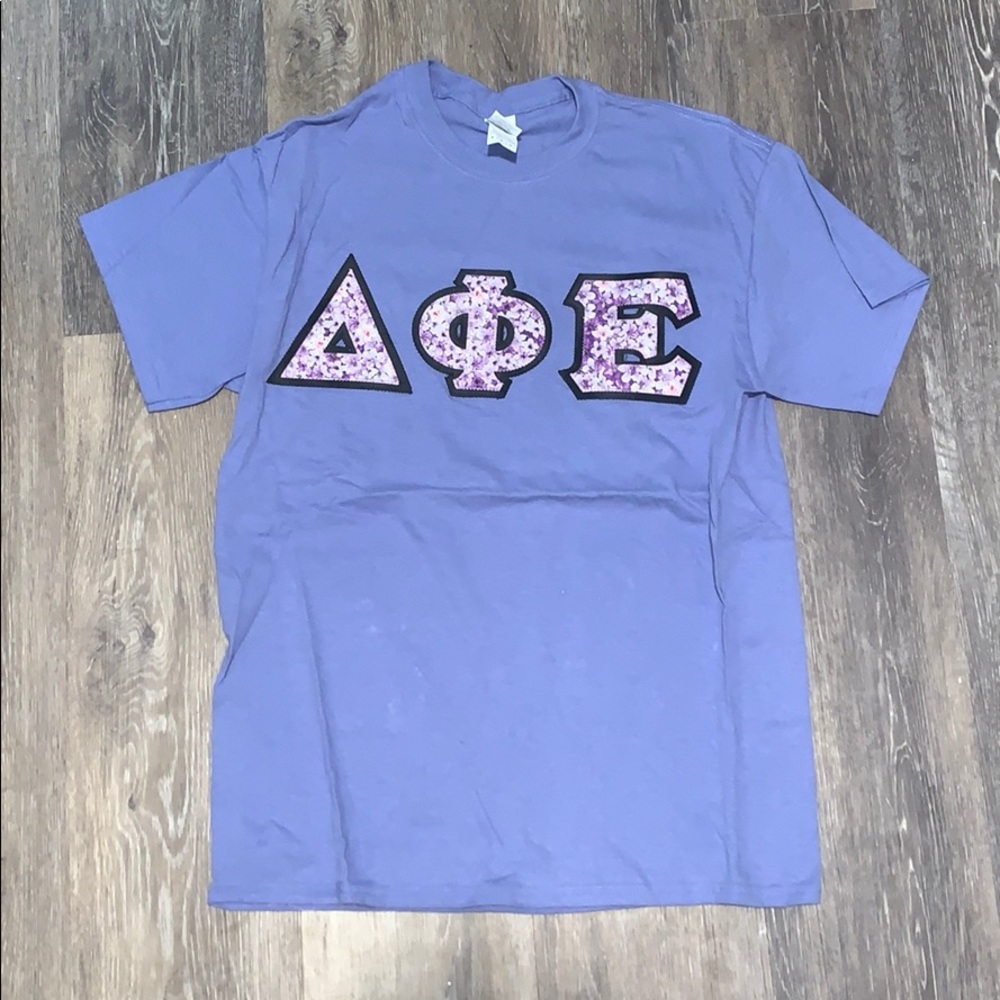 Gildan Delta Phi Epsilon purple floral letters